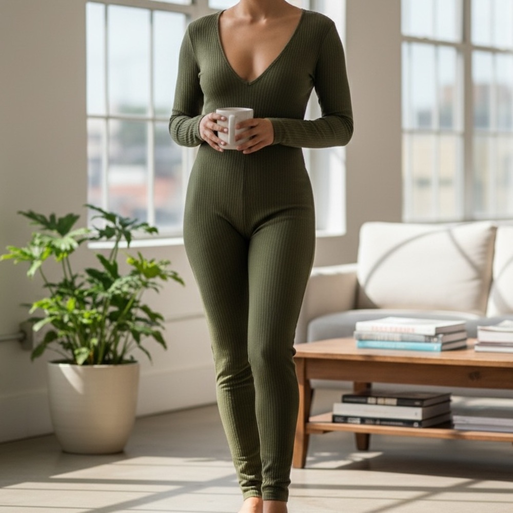 Elegant Olive V-Neck Jumpsuit